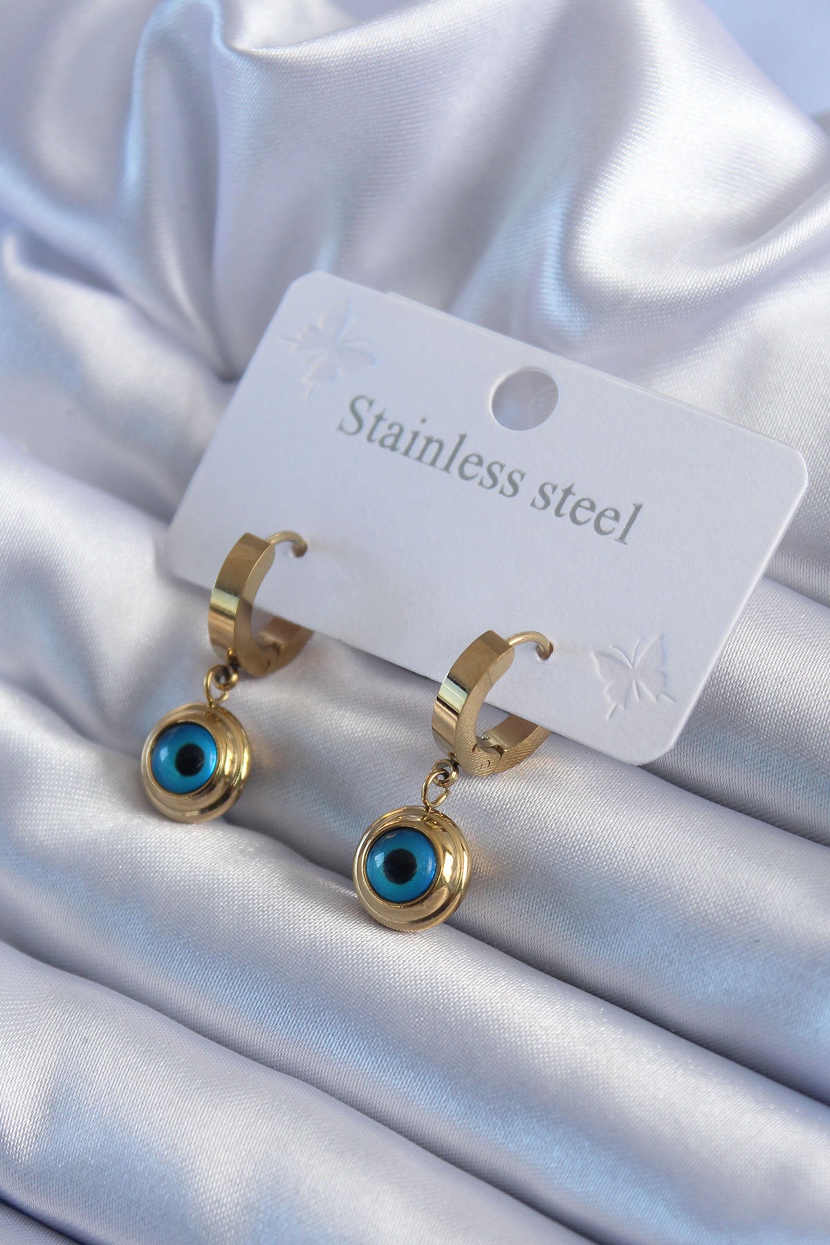 Damen-Ohrringe aus 316L-Stahl, goldfarben, Evil Eye-Perlenmodell