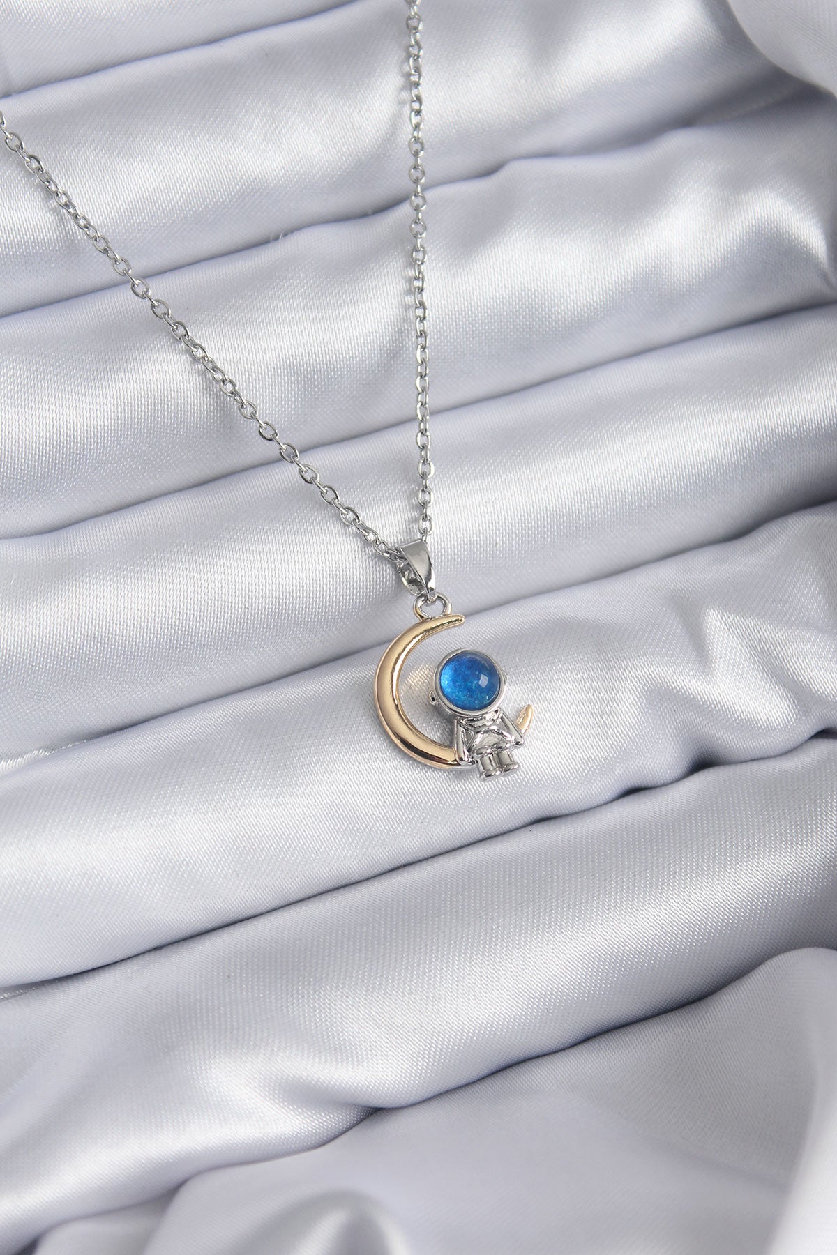 Halskette aus 316L-Stahl, Goldfarbe, Mond, Silber, Astronauten-Modell, Damen-Halskette