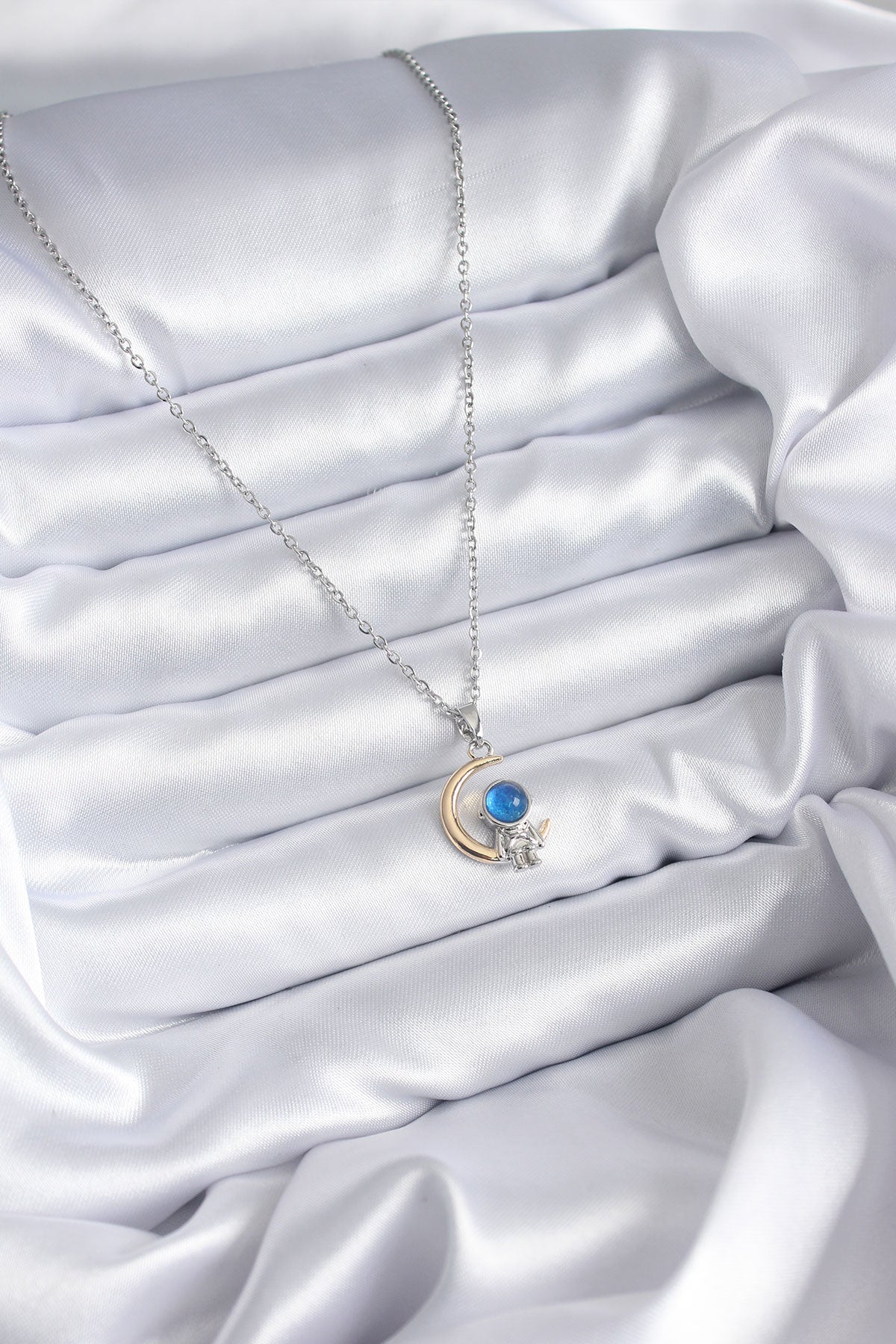 Halskette aus 316L-Stahl, Goldfarbe, Mond, Silber, Astronauten-Modell, Damen-Halskette